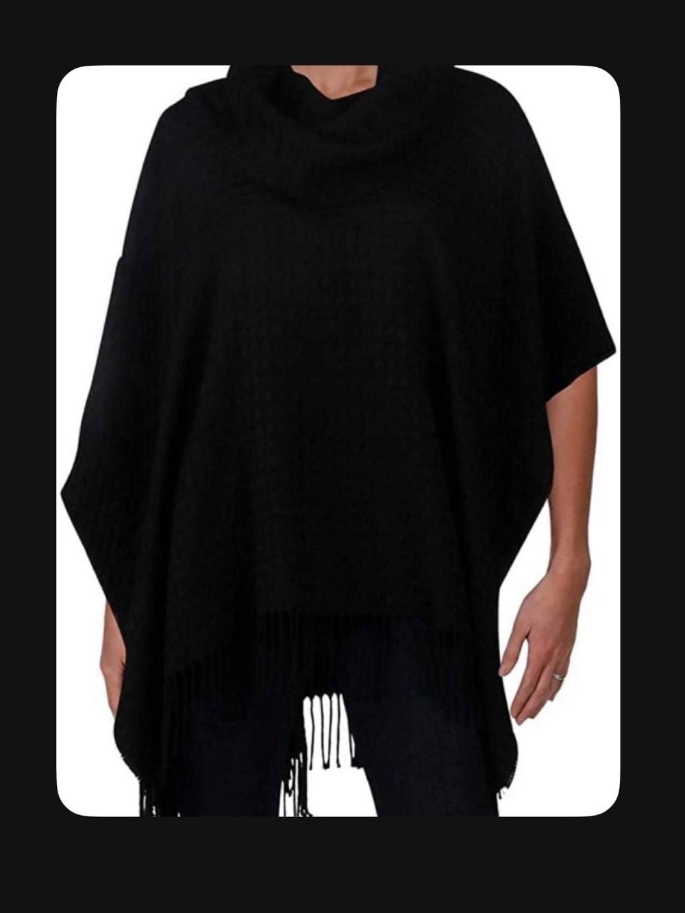 Black Knit Poncho with Tassel Trim
